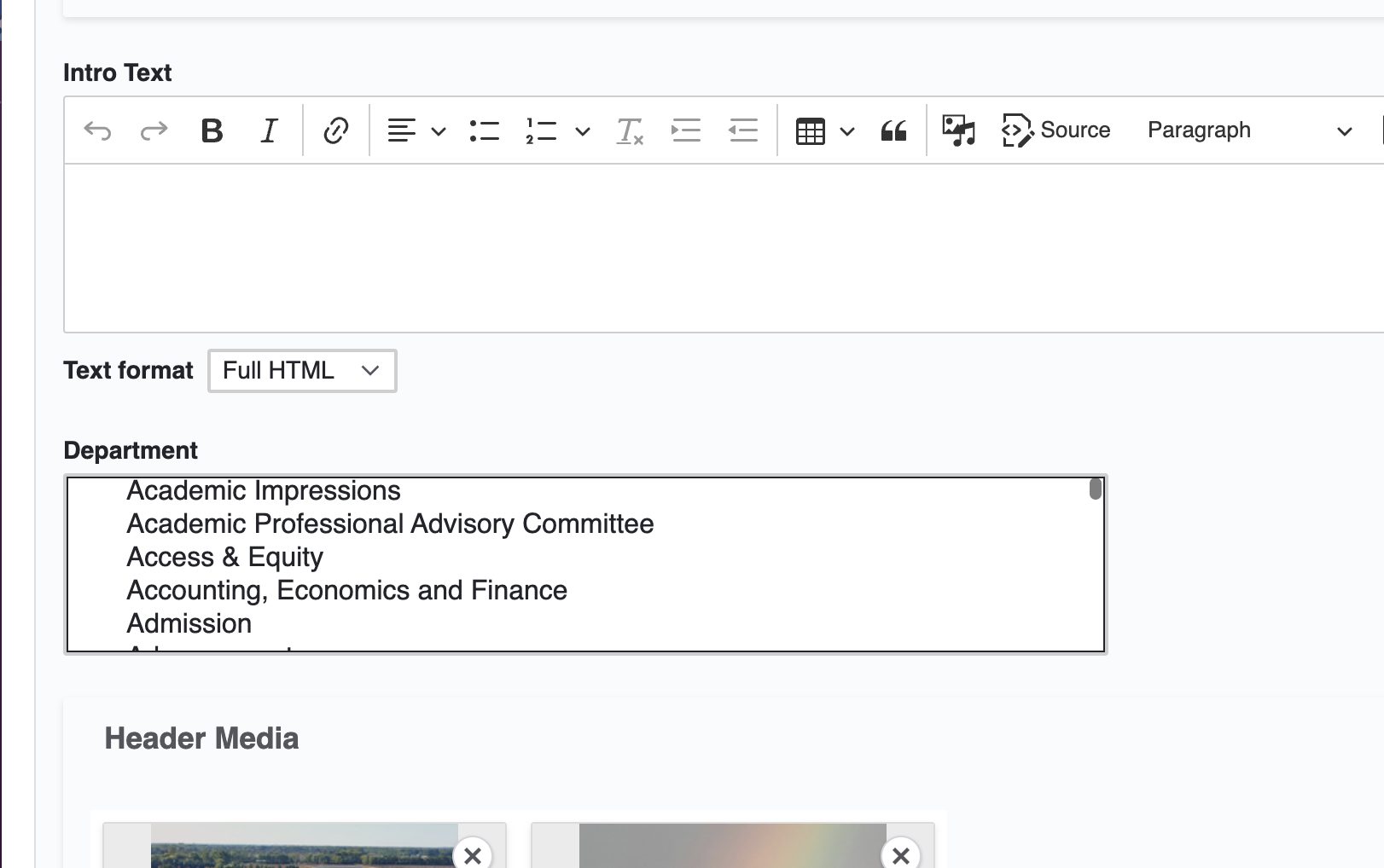 screenshot of department field