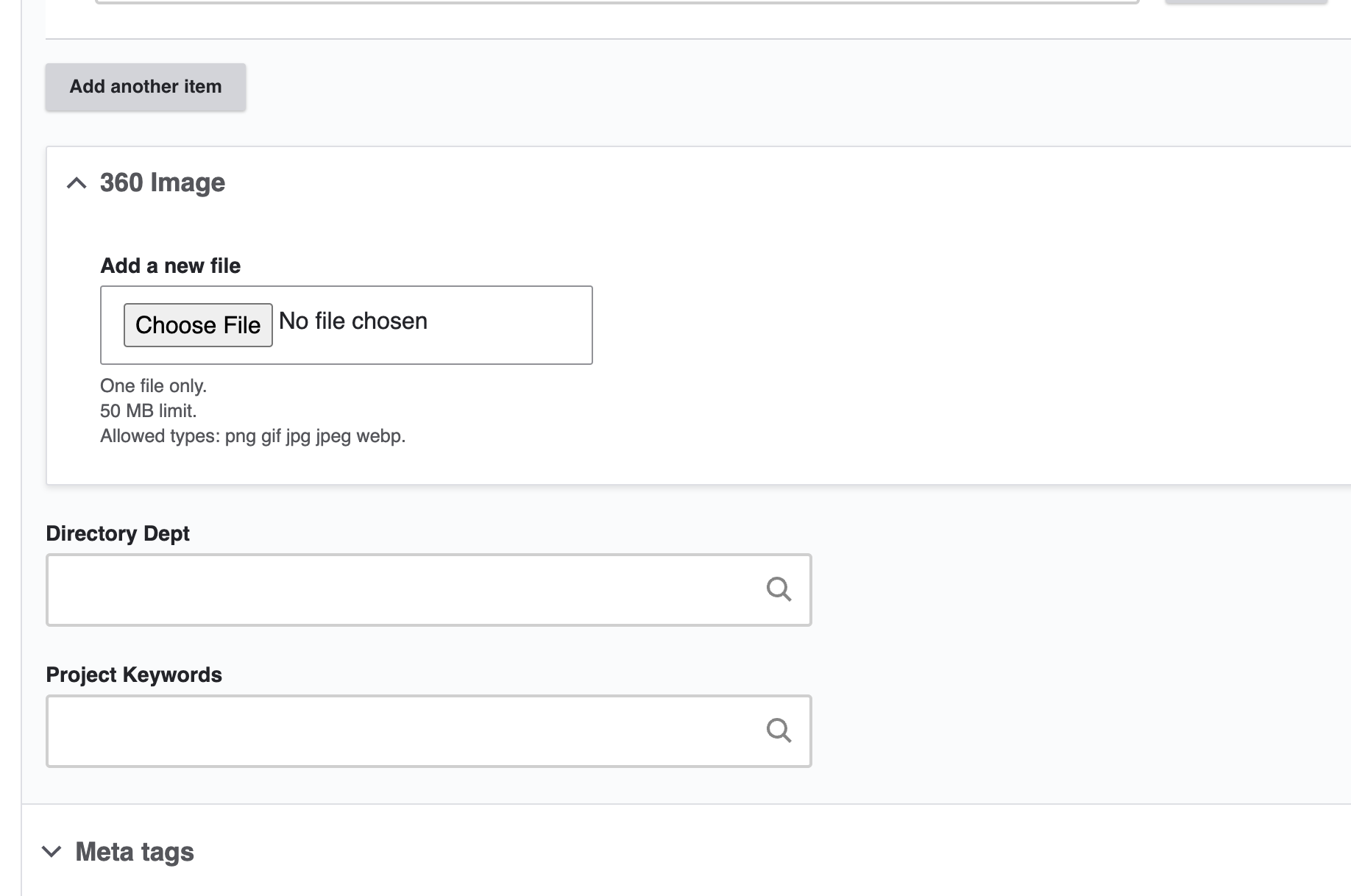 screenshot of directory dept and Project keyword fields