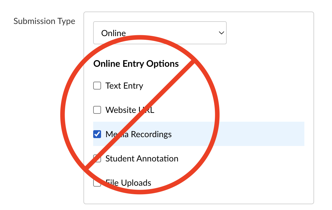 do no use the media recordings upload option for canvas assignment online submissions.