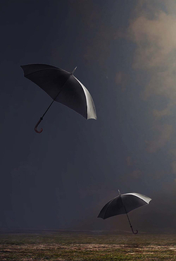 Umbrellas falling from the sky