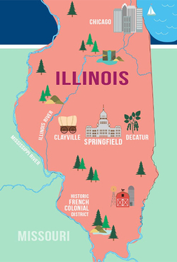A graphic showing a pink map of Illinois with Clayville, Springfield, Decatur, Chicago and the Historic French Colonial District listed.