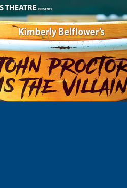 Graphic showing the back of a wooden school chair. The graphic contains the text "Kimberly Belflower's John Proctor is the Villain."