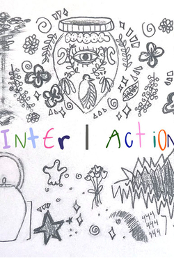 A hand-drawn image featuring the word "Inter | Action" in the center. It displays various items such as flowers, eyes, stars, pots, and other elements.