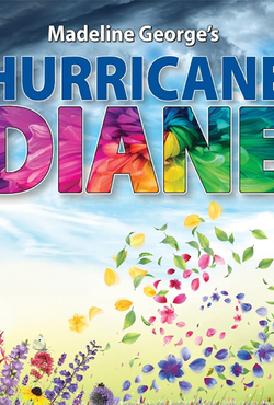 Colorful flower petals blowing in the wind with text "Madeleine George's Hurricane Diane"