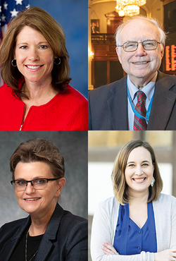Four headshots of individuals, arranged in a grid, showcasing recipients of alumni awards.