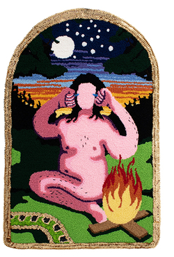 A tapestry shows a pink human figure sitting cross-legged near a campfire, with a snake and nighttime landscape in the background.