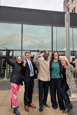 Lynn Bagley, Brandon Klages, Jerry Herrington, Leanne Beyer, and Lauren Kaeseberg celebrate Herrington’s exoneration.