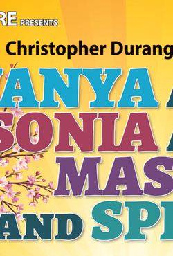 A yellow background featuring a tree with pink flowers. The text reads: "UIS Theatre presents Christopher Durang's comedy Vanya and Sonia and Masha and Spike."