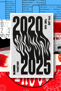 "Black and white poster reading '2020 2025' with melting numbers and text 'It’s like time has blurred together.'"