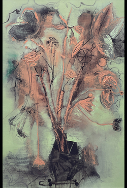 An abstract floral arrangement with mixed media; muted green background, copper accents, and intricate linework creating a whimsical effect.