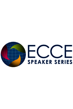 Blue globe with colorful leaves and grid lines on the left, next to bold blue text "ECCE Speaker Series" on a white background.