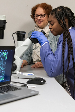 Two women in lab coats examining slides under a microscope.