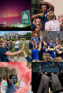 Campus events collage: night light show, group selfies, cheering crowd, high-five, color run, graduation.