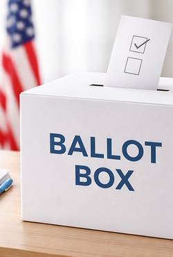 Ballot box on table with envelope, American flag in background.