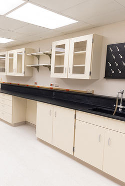 Empty laboratory with beige cabinets and black countertops.