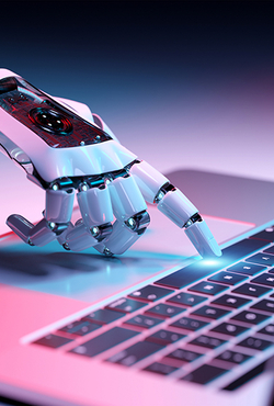 Robot hand typing on a laptop keyboard, glowing in neon light.