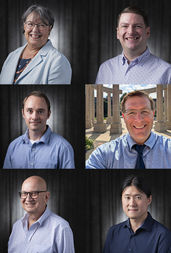 Six people in formal attire, five indoors and one outdoors.