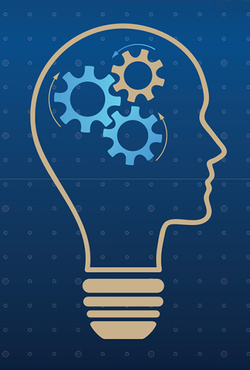 Light bulb with human head silhouette and gears inside.