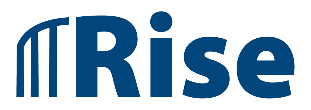 RISE logo in navy blue with colonnade silhouette on left and word RISE on right.