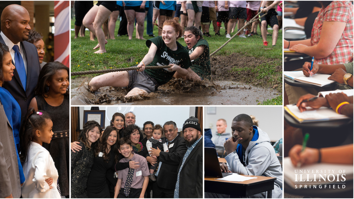 5 different pictures in a collage. Picture 1: a man studying. Picture 2: Two girls having fun playing tug-o-war. Picture 3 and 4: A family photo. Picture 5: students writing.