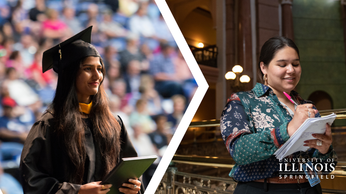 Two images, one of a student graduating and a student working.