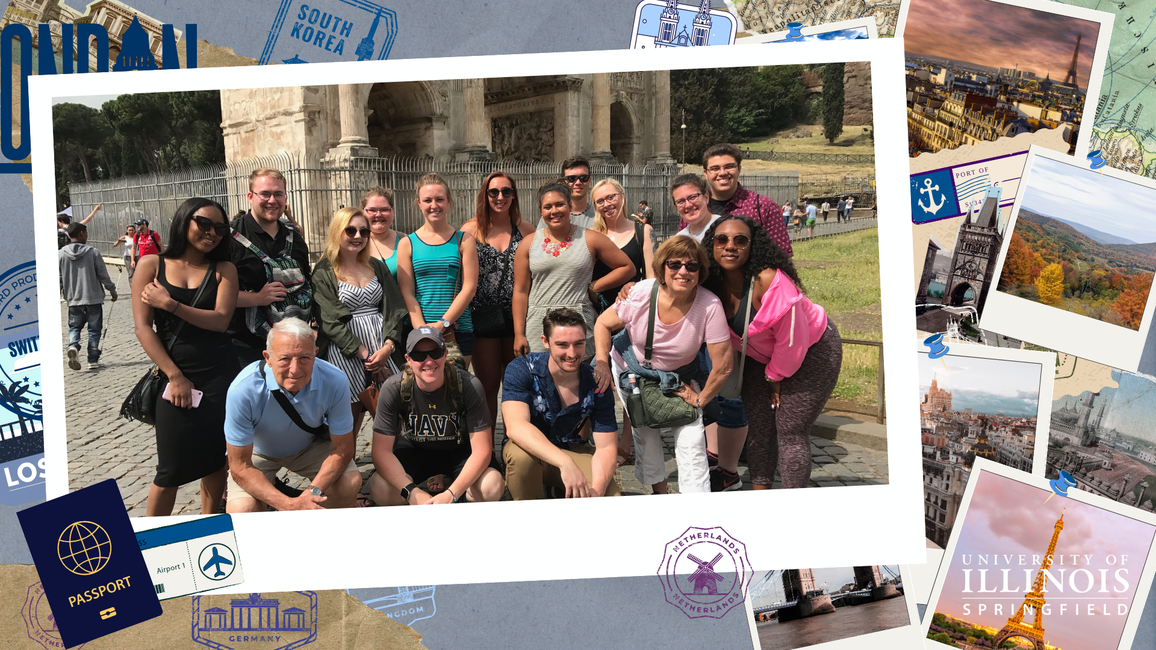 A scrapbook page of a group of students posing for a picture in a foreign country.