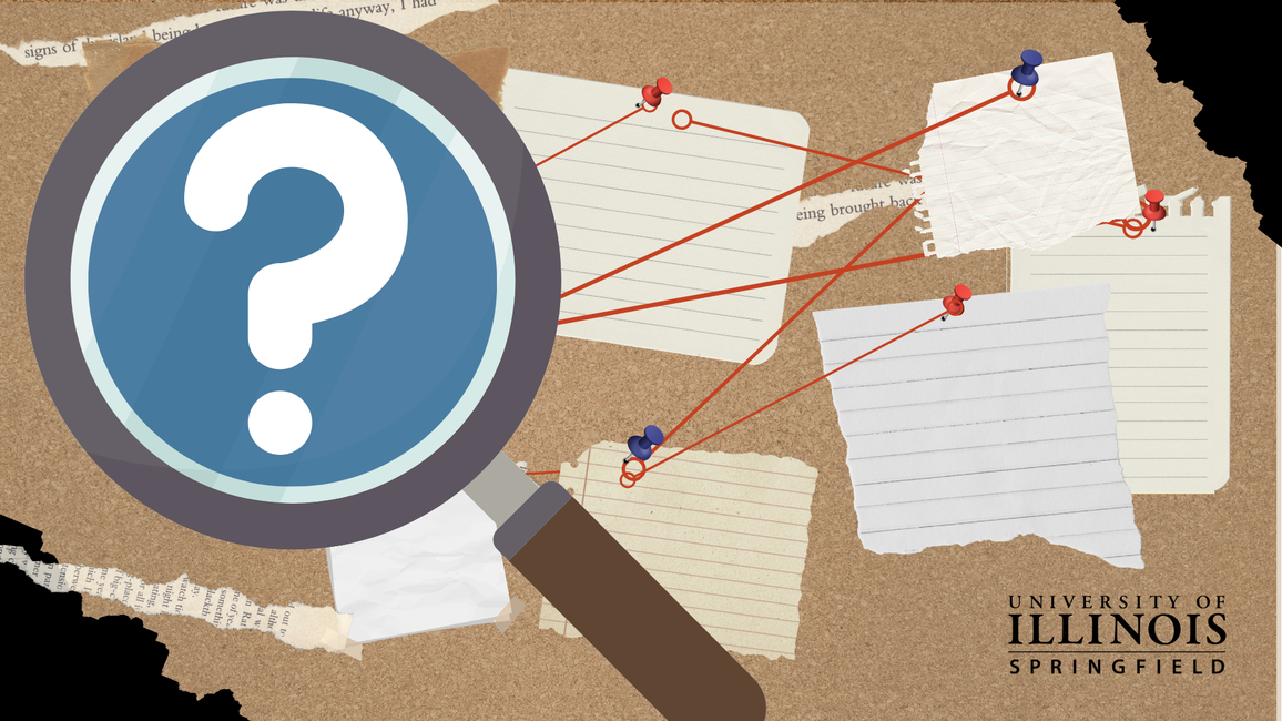 A graphic of a magnifying glass is a question mark inside. The background is a corkboard with red lines and notes.