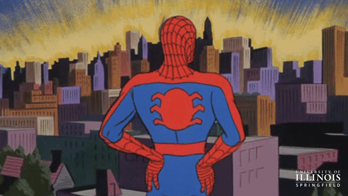 A cartoon of Spiderman looking out onto the city.