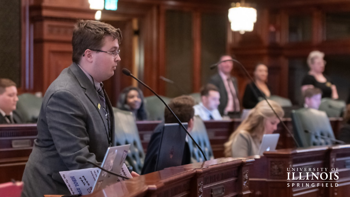 A student public speaking.