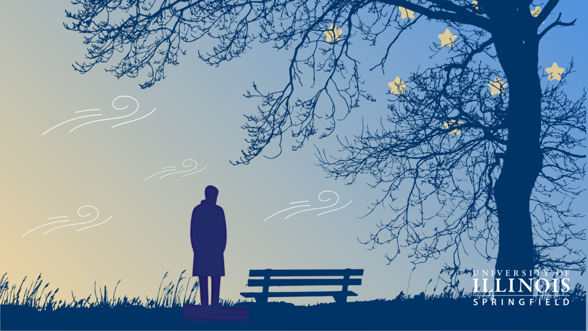 A graphic of a man looking sad at night.