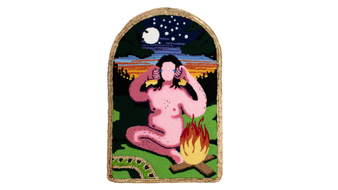 A tapestry shows a pink human figure sitting cross-legged near a campfire, with a snake and nighttime landscape in the background.