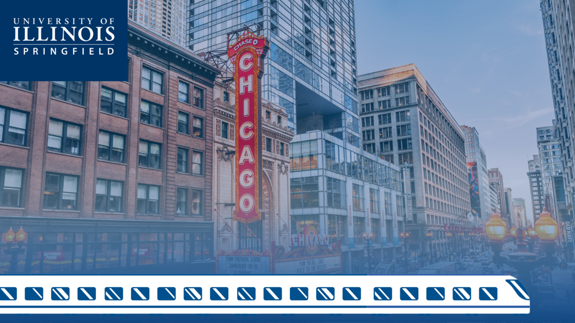 Chicago theatre with a graphic of a train.