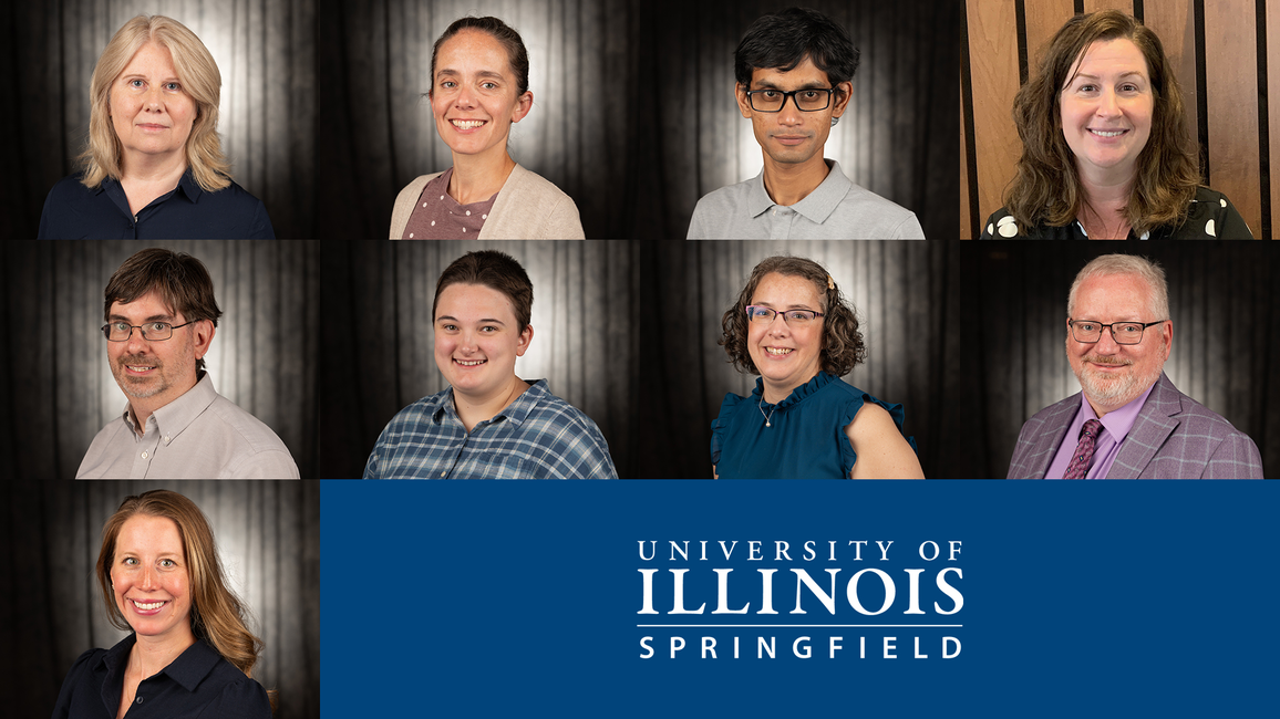 Photos of nine new faculty members with the University of Illinois Springfield wordmark.