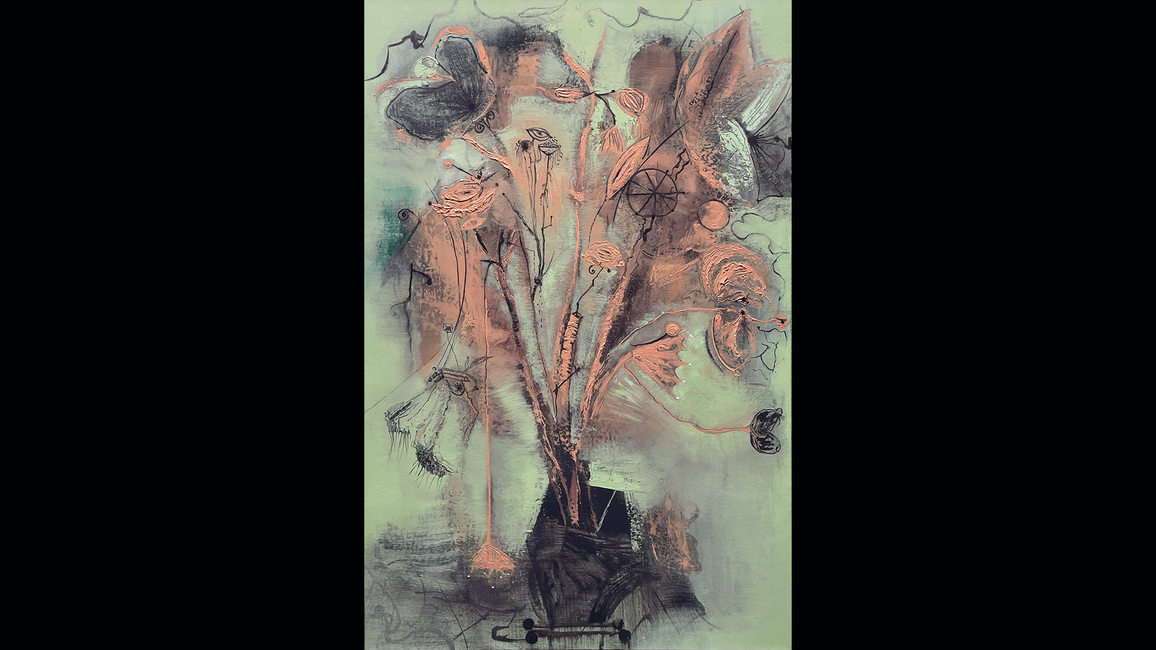 An abstract floral arrangement with mixed media; muted green background, copper accents, and intricate linework creating a whimsical effect.