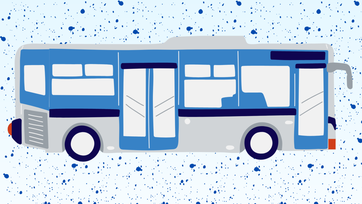 A blue and gray stylized bus is depicted on a light blue, speckled background.