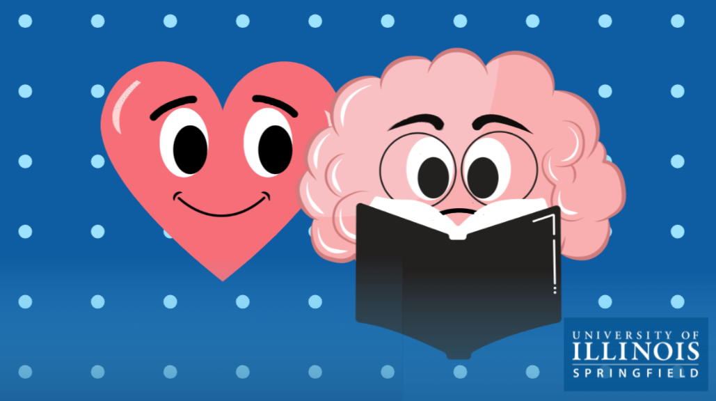 Heart and brain graphic with happy faces reading a book.