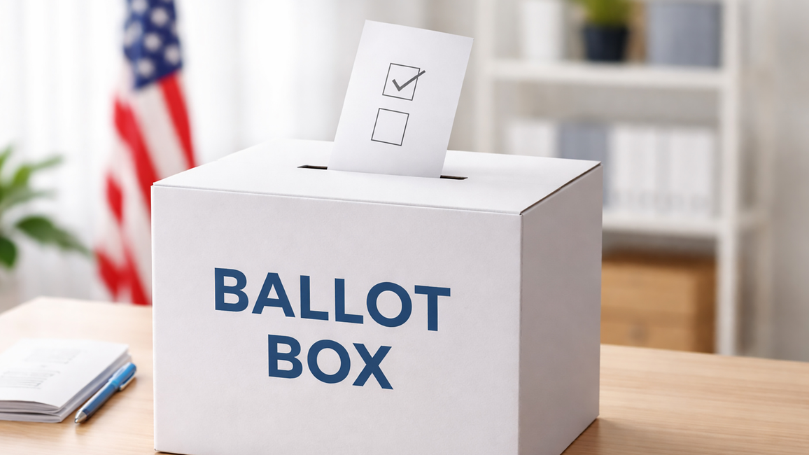 Ballot box with a voting paper, U.S. flag in background.
