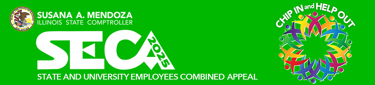 Green SECA logo with colorful hand design, promoting charitable giving.