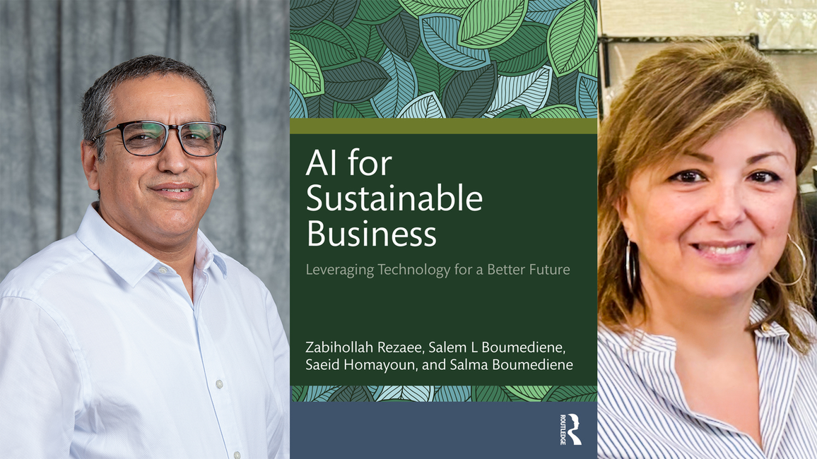 Two portraits of a man and a woman, book cover in the middle: "AI for Sustainable Business."