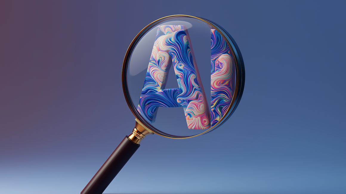 Magnifying glass revealing colorful swirled letter "A" on dark blue background.