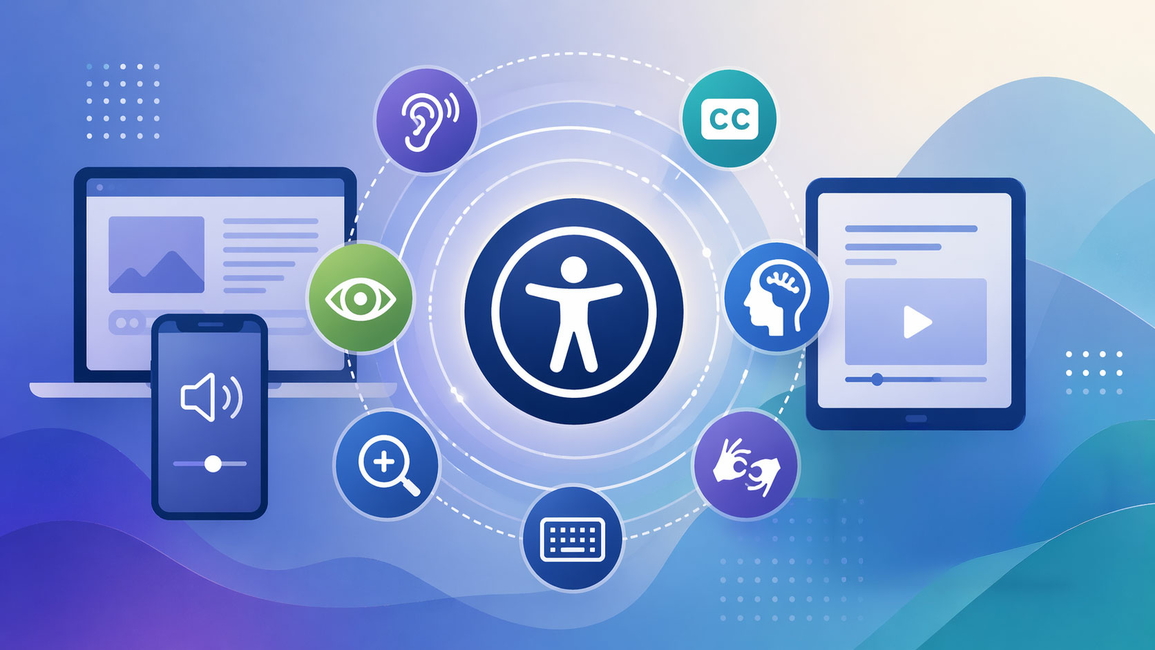 Accessibility icons surrounding a central figure, on a blue gradient background.