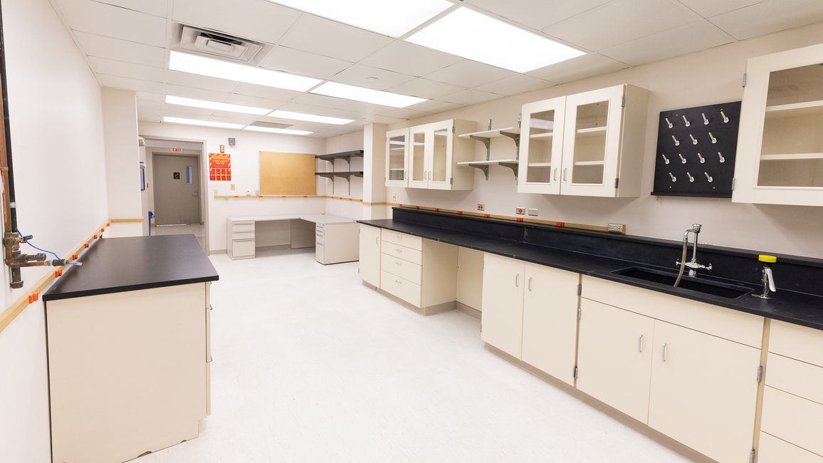 Laboratory with beige cabinets and black countertops, fluorescent lights above.