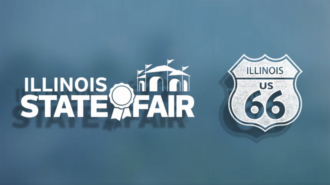 Illinois State Fair logo with Route 66 shield on blue background.