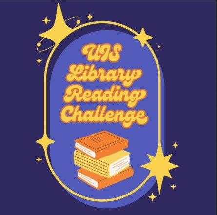Books stacked below text "UIS Library Reading Challenge" with stars on blue background.