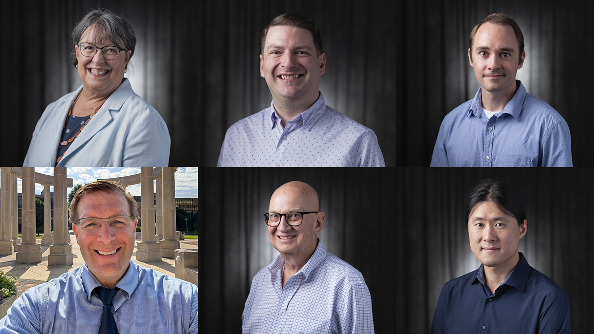 Six people smiling; five indoors, one outdoors in daylight.