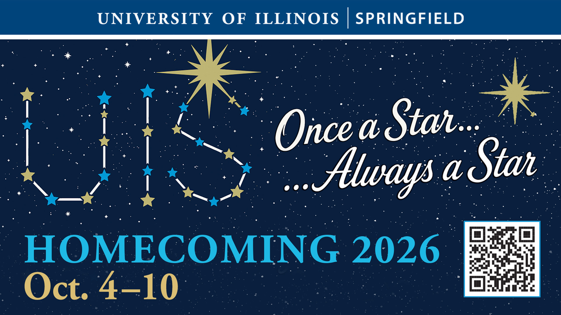 UIS Homecoming 2026 poster with QR code and star graphics.