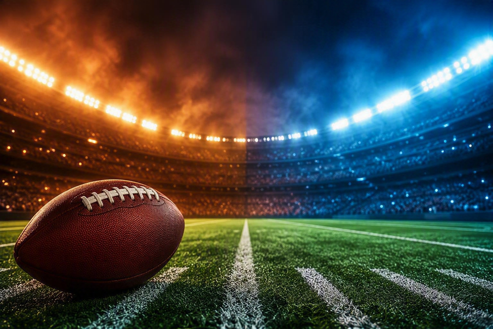 Football on a field under bright stadium lights.