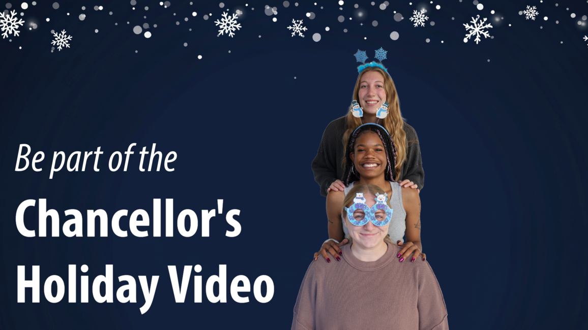 Three people stacked, wearing festive headbands, under a snowflake background.