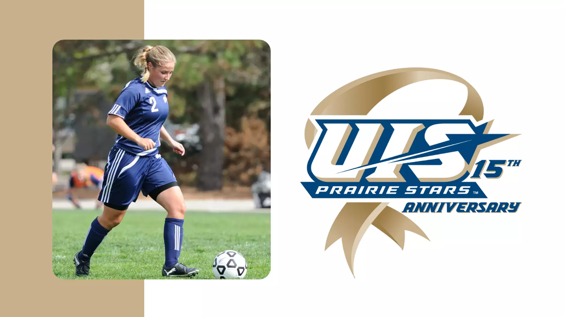 Erin Egolf playing soccer, UIS Athletics 15 years of NCAA DII logo