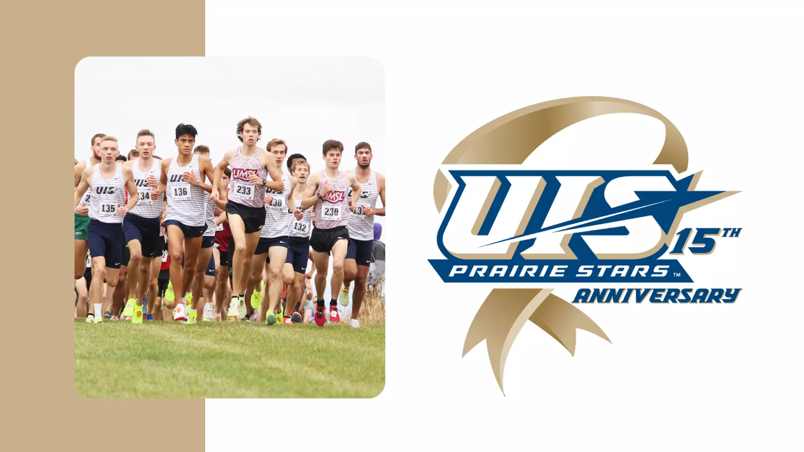 A photo of the 2022 UIS men's cross country team with the UIS 15 Years of NCAA DII logo